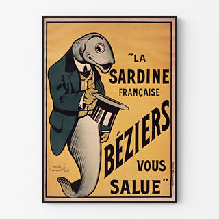 Vintage-juliste La Sardine française, Béziers, esillä ohuessa kehyksessä vaalealla seinällä.