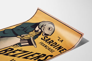 Vintage-juliste La Sardine française, Béziers, esitetty kaarevalla paperilla, perspektiivinäkymä.