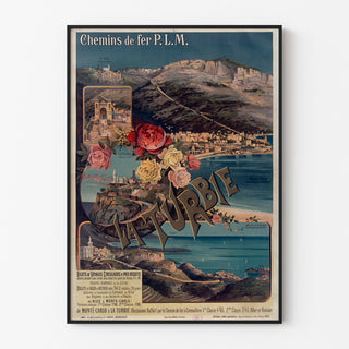 Vintagejuliste La Turbie, PLM‑rautatie, esitetty ohuessa kehyksessä vaalealla seinällä.