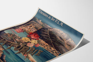 Vintagejuliste La Turbie, PLM‑rautatie, esitetty kaartuvalla arkilla, perspektiivikuva.