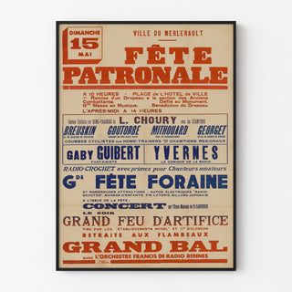 Vintage-juliste Le Merlerault, kyläjuhla, esitetty ohuessa kehyksessä vaalealla seinällä.