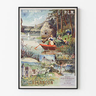 Vintage-juliste Les Brenets — PLM, suolaiset kylvyt Besançonissa, ohuessa kehyksessä vaalealla seinällä.