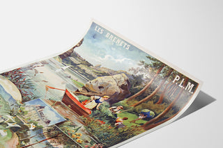 Vintage-juliste Les Brenets — PLM, suolaiset kylvyt Besançonissa, esitetty kaartuvalla paperiarkilla perspektiivissä.