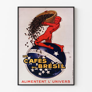 Vintagijuliste Les Cafés du Brésil, ohuessa kehyksessä vaalealla seinällä.