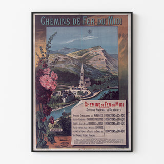 Vintageseinäjuliste Lourdes, rantakohteet, esitetty ohuessa kehyksessä vaalealla seinällä.