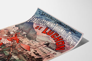 Vintage-juliste Luchon, kasino ja kylpyläelinkeino, esitetty käyryllä arkilla perspektiivistä nähtynä.