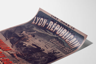 Vintage-juliste Lyon Républicain, Bataillon Croix-Rousse, esitettynä kaartuvalla arkilla perspektiivissä.