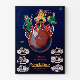 Vintage-juliste Monet & Goyon, koneet, ohueen kehykseen kehystettynä vaalealla seinällä.