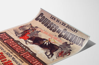 Vintage-juliste Mont-de-Marsan, juhlat ja kisat, esitetty kaarevalla paperilla, perspektiivinäkymä.