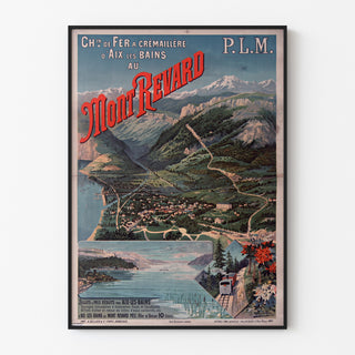 Vintagetyylinen Mont-Revard -juliste, hammasrattailla kulkeva rautatie, ohutkehyksessä vaalealla seinällä.