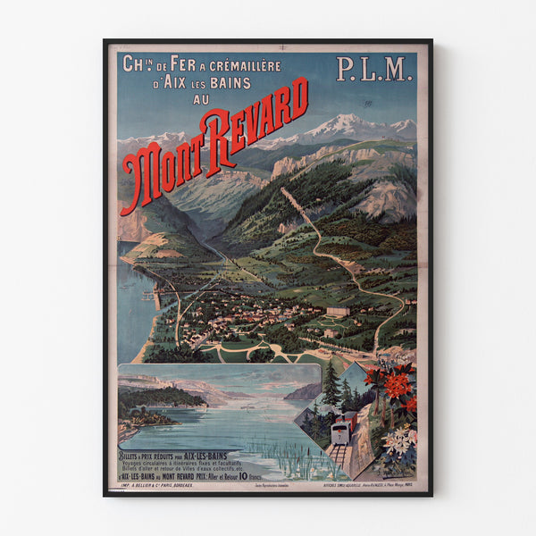Vintagetyylinen Mont-Revard -juliste, hammasrattailla kulkeva rautatie, ohutkehyksessä vaalealla seinällä.