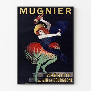 Vintagijuliste Mugnier. Apéritif au vin de Bourgogne, ohuessa kehyksessä vaalealla seinällä.