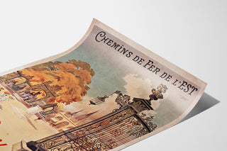 Vintage-juliste Nancy, Chemins de fer de l’Est, esitetty kaartuvalla paperilla perspektiivistä nähtynä.