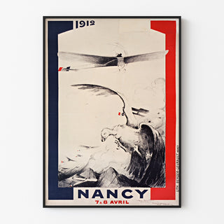 Vintage-juliste Nancy, lentonäytös, ohut kehys vaalealla seinällä.