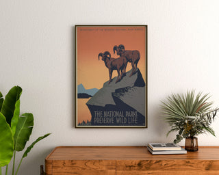 Vintage-juliste National Parks Preserve Wild Life, kehystettynä puisella lipastolla kasvien välissä.