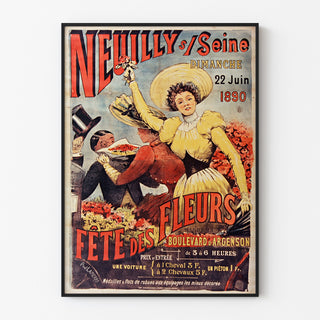 Vintage-juliste Neuilly, kukkajuhla, 1890, ohuessa kehyksessä vaalealla seinällä.