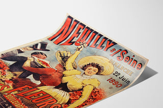 Vintage-juliste Neuilly, kukkajuhla, 1890, esitetty kaartuvalla paperilla perspektiivissä.
