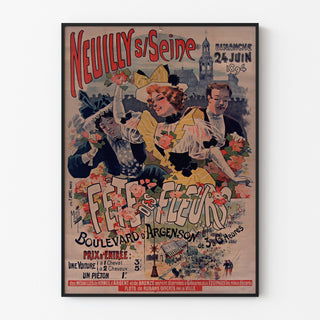 Vintage-juliste Neuilly, kukkajuhla, 1894, ohuessa kehyksessä vaalealla seinällä.