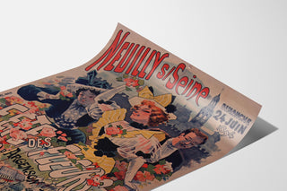 Vintage-juliste Neuilly, kukkajuhla, 1894, esitetty kaartuvalla paperilla perspektiivissä.