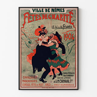 Vintage-juliste Nîmes, hyväntekeväisyysjuhlat, esillä ohuessa kehyksessä vaalealla seinällä.