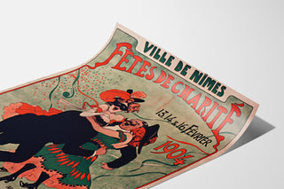 Vintage-juliste Nîmes, hyväntekeväisyysjuhlat, esitetty käyryllä arkilla perspektiivistä nähtynä.