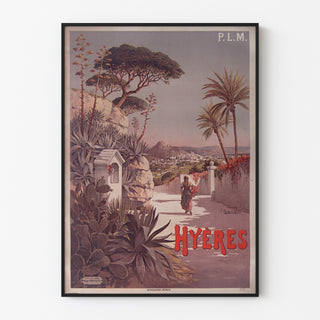 Vintage-juliste P. L. M. Hyères, esitetty ohuessa kehyksessä vaalealla seinällä.