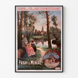Vintage-juliste Paray-le-Monial, juna, ohueen kehykseen kehystettynä vaalealla seinällä.