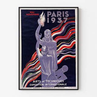 Vintage-juliste Paris 1937, Arts et techniques, esitetty ohuessa kehyksessä vaalealla seinällä.