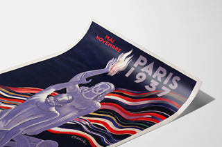Vintage-juliste Paris 1937, Arts et techniques, esitetty kaarevalla paperilla perspektiivissä.