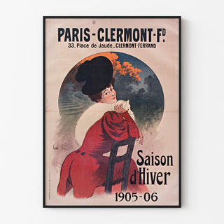 Vintage-juliste Paris-Clermont, talvikausi, ohuessa kehyksessä vaalealla seinällä.