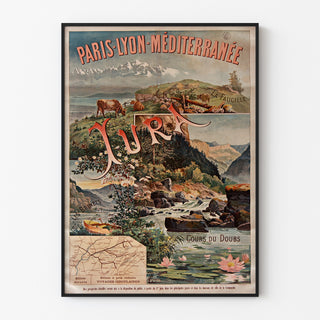 Vintag-juliste Paris Lyon Méditerranée, Jura, ohutkehyksessä vaalealla seinällä.