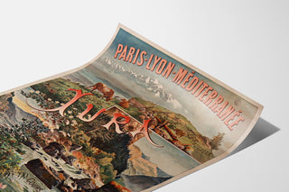 Vintag-juliste Paris Lyon Méditerranée, Jura, esitetty kaartuvalla arkilla perspektiivissä.