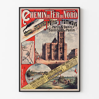Vintage-juliste Pariisi–Saint-Denis, junat ja raitiovaunut, ohuessa kehyksessä vaalealla seinällä.