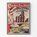 Vintage-juliste Pariisi–Saint-Denis, junat ja raitiovaunut, ohuessa kehyksessä vaalealla seinällä.