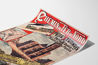Vintage-juliste Pariisi–Saint-Denis, junat ja raitiovaunut, esitetty kaartuvalla paperilla perspektiivissä.