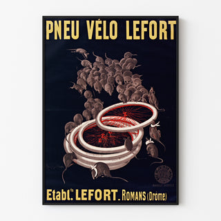 Vintage-juliste Lefort polkupyörän renkaat, ohuessa kehyksessä vaalealla seinällä.