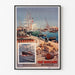 Vintage-juliste Port marchand. Marseille, esillä ohuessa kehyksessä vaalealla seinällä.