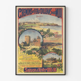 Vintage-juliste Pyrénées et Gascogne, talvikausi, ohuessa kehyksessä vaalealla seinällä.