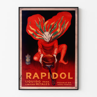Vintage-juliste Rapidol, ohutkehystetty vaalealla seinällä.