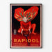 Vintage-juliste Rapidol, ohutkehystetty vaalealla seinällä.