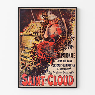 Vintage-juliste Saint-Cloud, suojeluspyhimyksen juhla, ohuessa kehyksessä vaalealla seinällä.