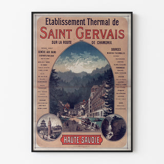 Vintagetyylinen Saint-Gervais, kylpylälaitos -juliste, ohutkehyksessä vaalealla seinällä.