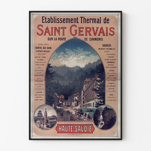 Vintagetyylinen Saint-Gervais, kylpylälaitos -juliste, ohutkehyksessä vaalealla seinällä.