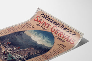 Vintagetyylinen Saint-Gervais, kylpylälaitos -juliste, esitettynä kaartuvalla paperilla perspektiivistä nähtynä.