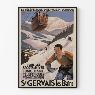 Vintagetyylinen Saint-Gervais, Mont-d’Arbois -juliste, ohutkehyksessä vaalealla seinällä.