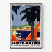 Vintage-juliste Sainte-Maxime, Côte des Maures, esitetty ohuessa kehyksessä vaalealla seinällä.