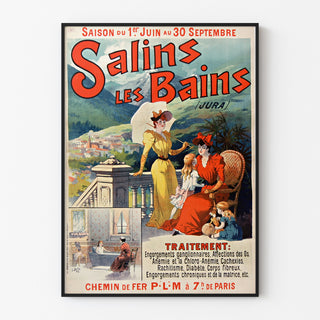 Vintag-juliste Salins les Bains (Jura), ohutkehyksessä vaalealla seinällä.