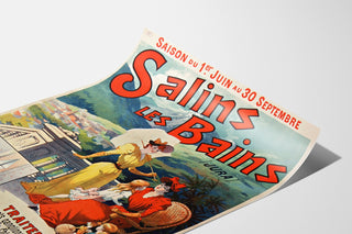 Vintage-juliste Salins-les-Bains (Jura), esitetty kaarevalla paperilla, perspektiivinäkymä.