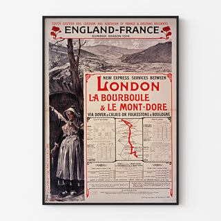 Vintage-juliste South Eastern, England-France, ohuessa kehyksessä vaalealla seinällä.