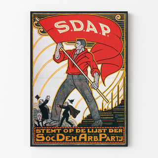 Vintage-juliste Stemt SDAP, vaalit, ohuessa kehyksessä vaalealla seinällä.